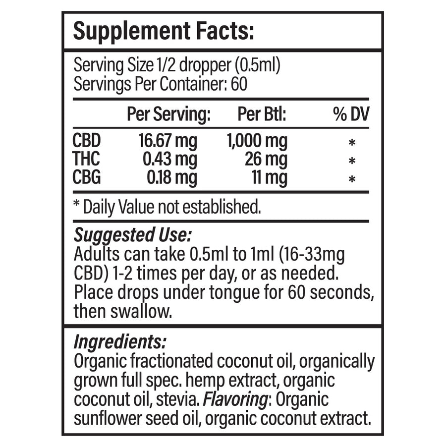 Full Spectrum CBD Oil - Coconut Flavor - 1000 mg - 1 oz